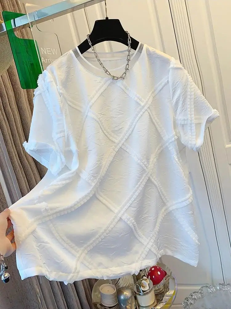 Elegant Check Patchwork Blouse Women Short Sleeve T-shirt 2025 Summer T-shirt Fashion Loose Casual O-neck Tops