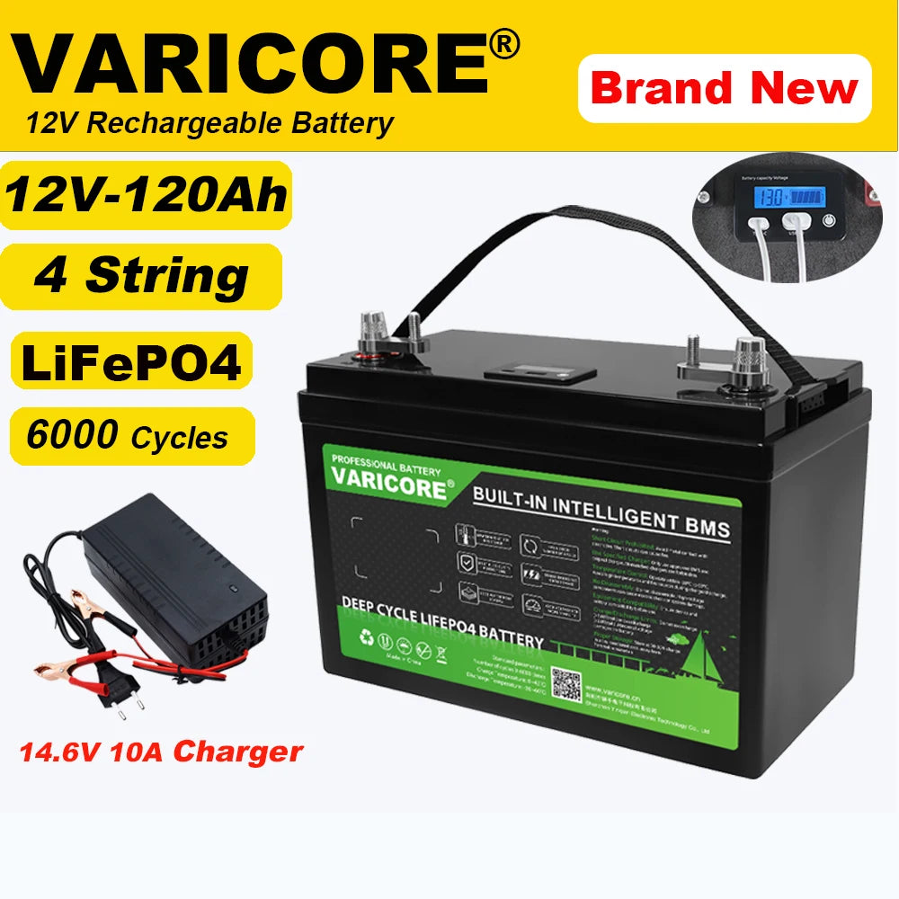 New 12.8V 120AH LiFePO4 Battery 12V Lithium Iron Phosphate for Off Grid Solar Energy, Golf Cart, Camping - Lighter Batteries