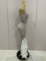 Women Sparkly Rhinestone Feathers Sleeveless O Neck Bodycon Long Dress Wedding Guest Gowns Luxury Birthday Evening Party Dress