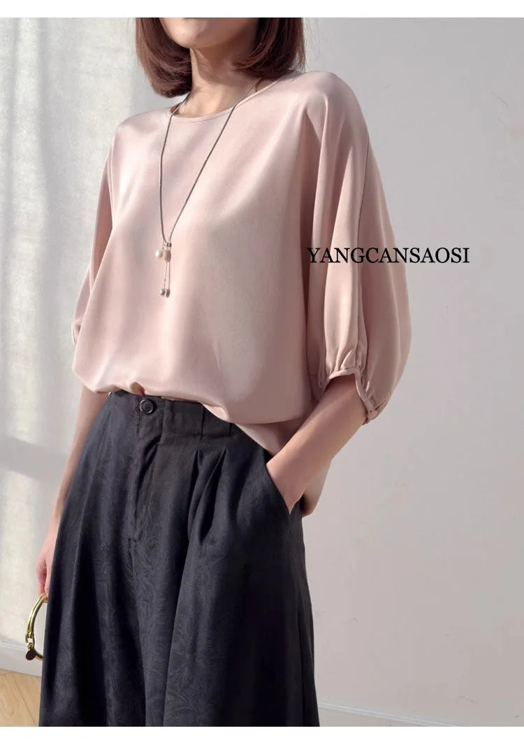 26MM Heavy Weight 93% Natural Mulberry Silk Elastic Wrinkled Round Neck Batwing Half Sleeve Women's Casual Solid Color T-shirt