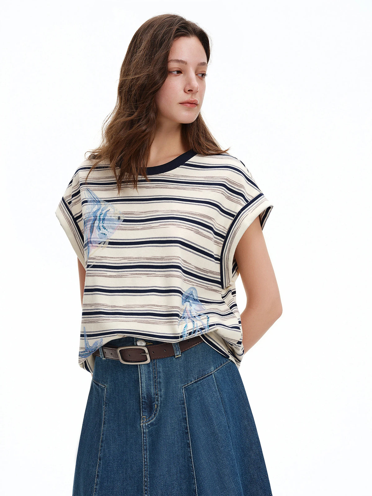 DUSHU Rhinestone Ocean Print Striped Raglan Sleeve T-Shirt 2026 Summer O-neck Leisure Holiday Loose Fit Cozy Print Top BF Chic