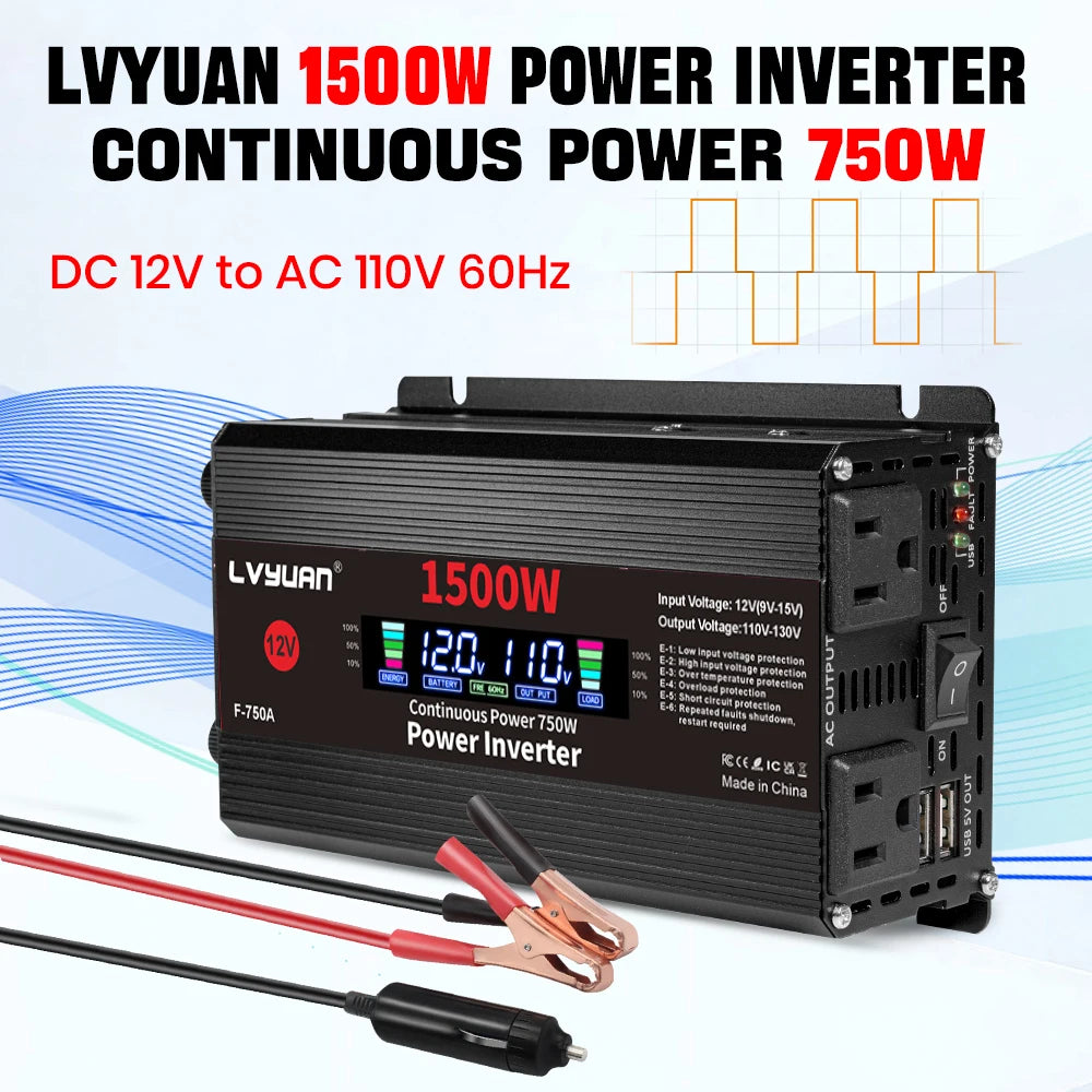 2600W 2000W 1500W Car Inverter 12V 110V Power Inversor Smart LCD Display Power Supply for Outdoor Camera/Phone/Drone Charging