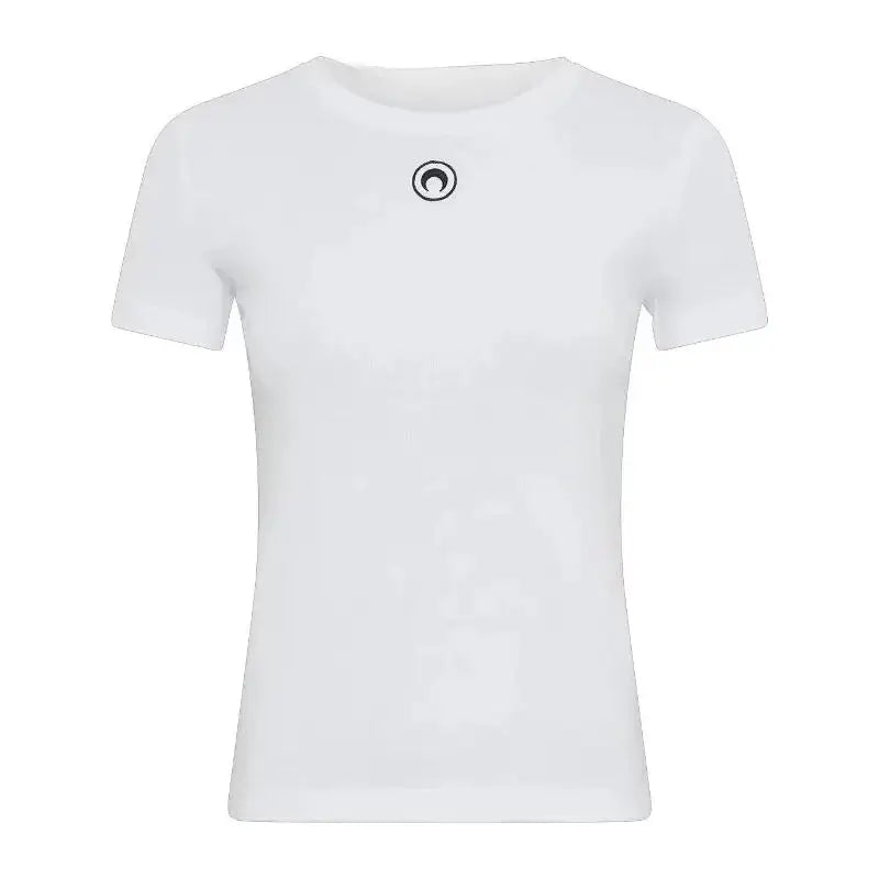 Retro Women's T-Shirt Summer Casual Slim Fit Short Sleeve Round Neck Solid Color Top Innerwear with Embroidered Moon Design