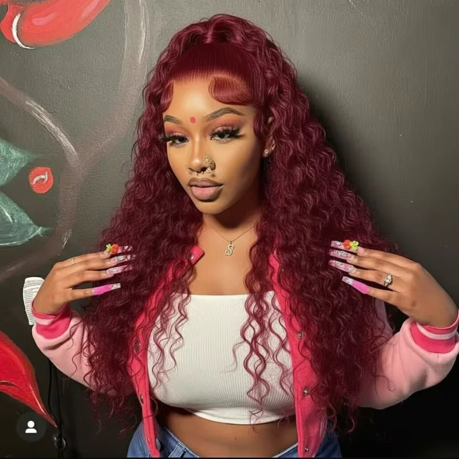 Dixtefo Burgundy Deep Wave Wigs Lace 200 Density 36 Inches Lace Frontal Human Hair for Women
