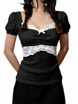 Womens Pink Puff Sleeve Sweetheart Neck Lace Patchwork Slim Fit Top