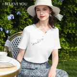 I BELIEVE YOU White Short Sleeved V-Neck T-Shirt 2026 Summer New Flower Embroidered Casual Breathable Top For Women 2262016297