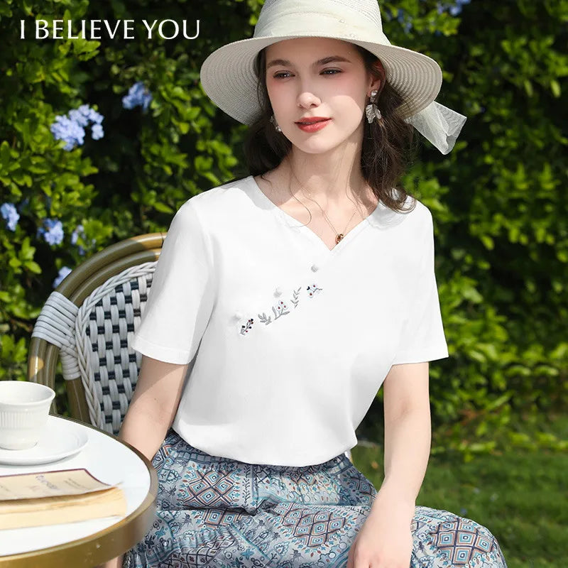 I BELIEVE YOU White Short Sleeved V-Neck T-Shirt 2026 Summer New Flower Embroidered Casual Breathable Top For Women 2262016297
