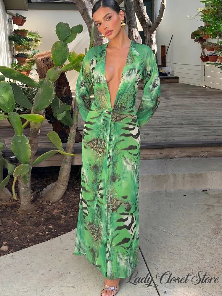Woman Tiger Stripe Print Deep V-neck Dress Sexy Backless Long Sleeve Dresses 2026 Summer Vacation Beach Party Elegant Vestidos