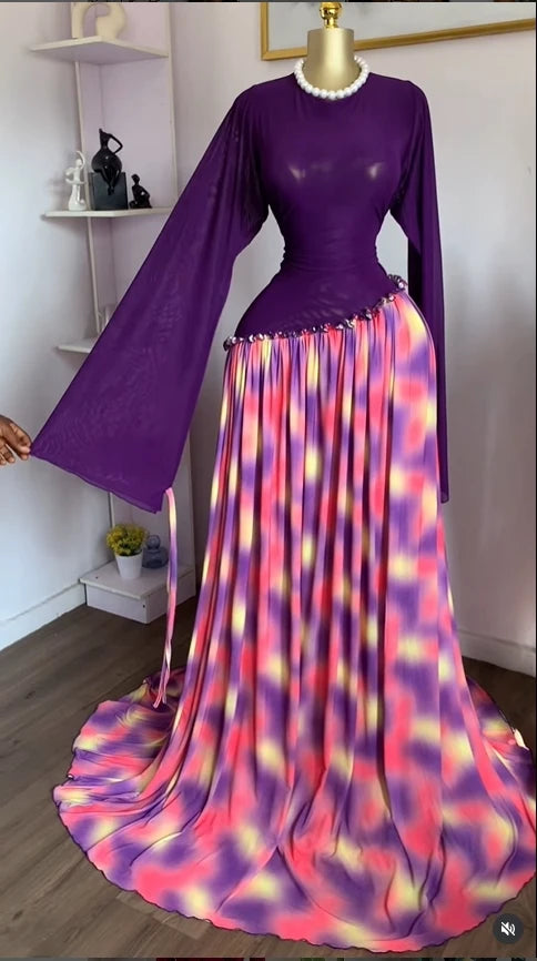 GLCMYAYA Women Mesh Print Full Sleeve O-neck Elegant Long Maxi Dress Fall Birthday Holiday Evening Sexy Party Dresses Vestidos