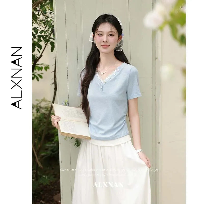 ALXNAN Women's T-shirt V-neck Lace Trim Fake Two Piece Short Sleeve Tees 2026 Summer Elegant Fashion Casual Top Ladies L65706-2