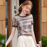 LOUIS YAO Fashion Printed Short Sleeve Shirts 2025 Summer New Basic Style Round Neck Shoulder Slightly Stretchy Women's T-shirt