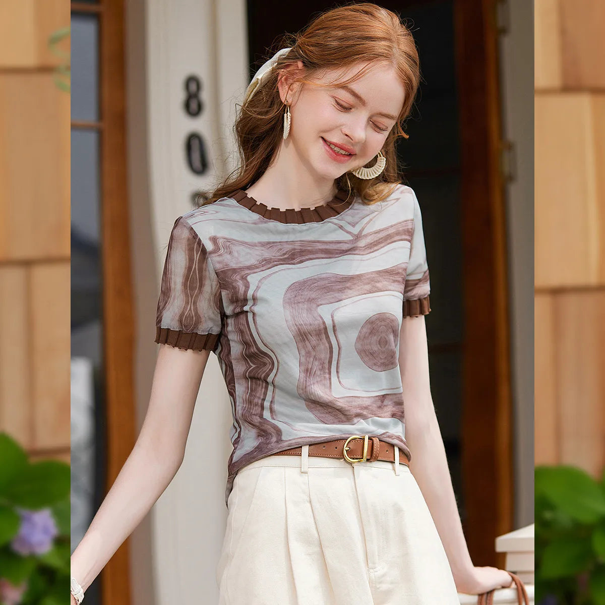 LOUIS YAO Fashion Printed Short Sleeve Shirts 2025 Summer New Basic Style Round Neck Shoulder Slightly Stretchy Women's T-shirt