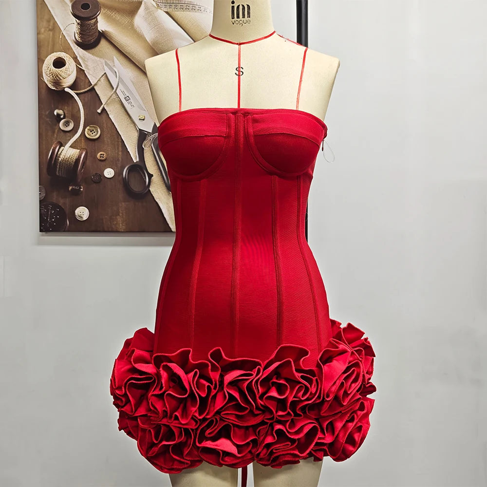 VC Christmas Dress Strapless Backless Red Structured Floral Embellished Mini Length Bodycon Celebrity Party Cocktail Dress