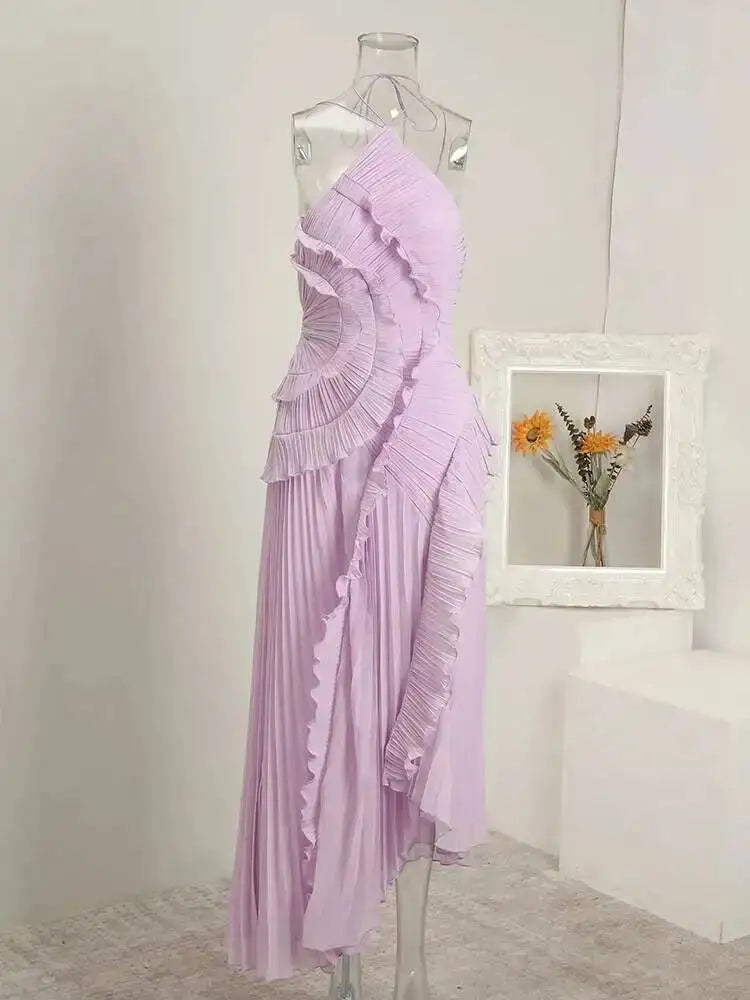 GVUW Fashion Folds Irregular Dress Women's Halterneck Sleeveless Tierred Casual Dresses 2025 Summer New Tide 3QW1045