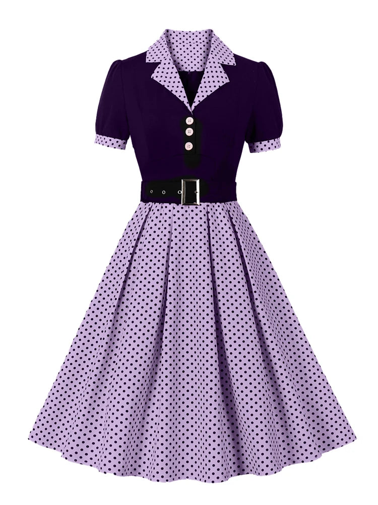 Tonval Black and Polka Dot Vintage Pleated Dresses Notched Collar 2025 Elegant Summer Women Short Sleeve Belted 50s Retro Dress