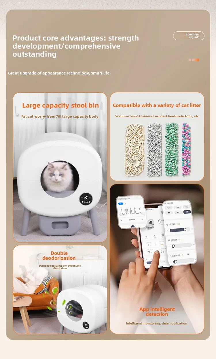 Smart Cat Litter Box, Fully Automatic Cleaning, Deodorization, Fully Enclosed Electric Cat Toilet, Oversized Cat Litter Box
