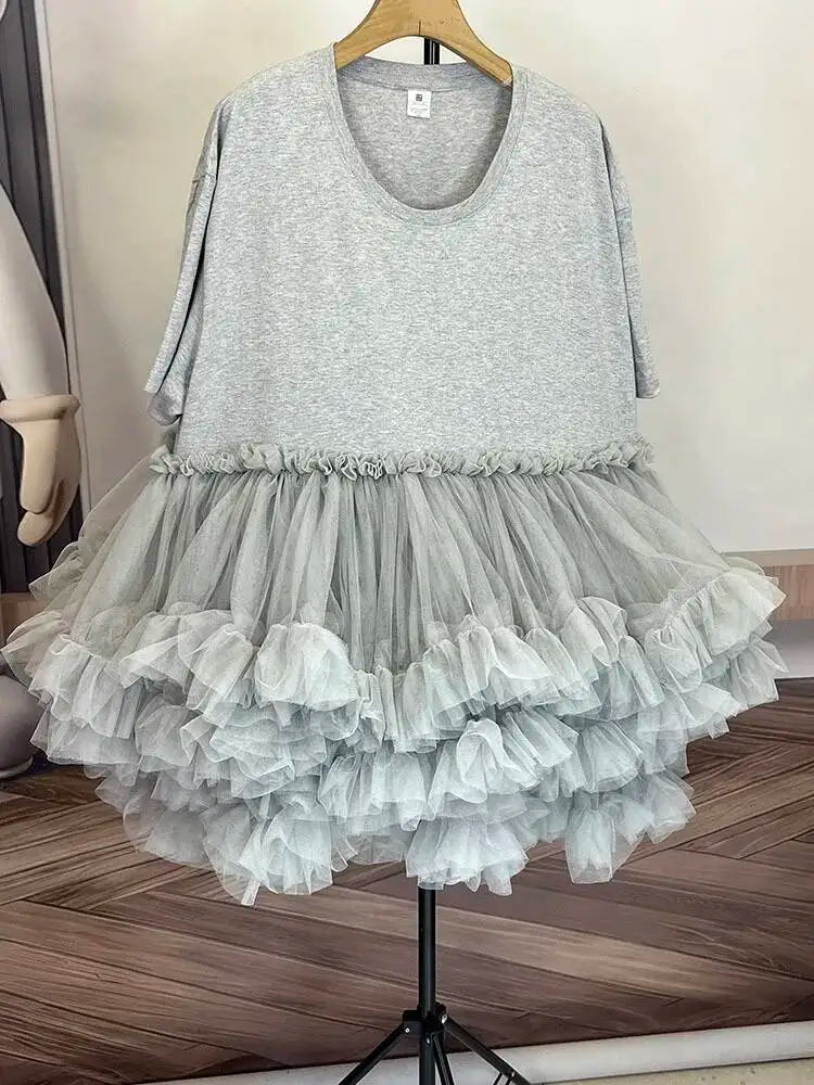 [EWQ] Fashion Streetwear Ball Gown Dress Solid Colors Spliced Irregular Mesh Loose Women Dresses 2025 Summer New Tide 16O6549