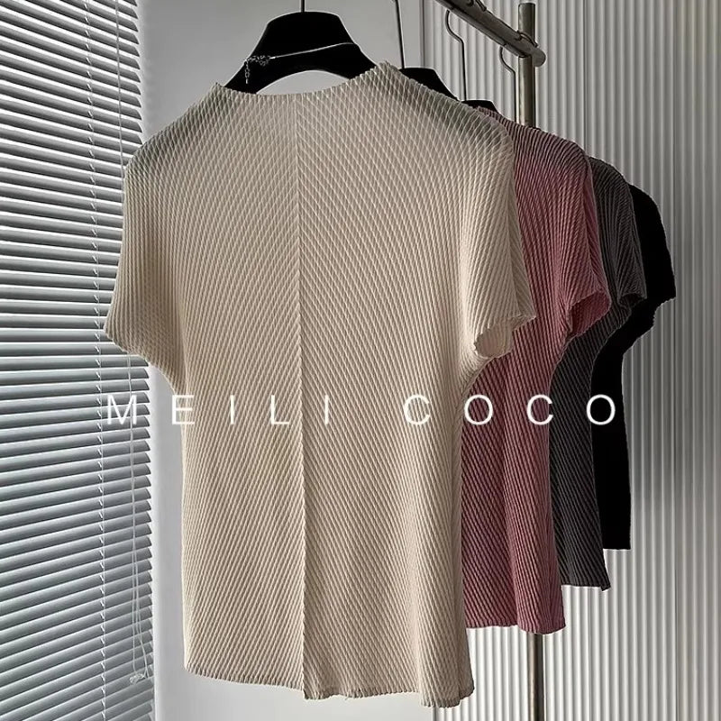 Miyake Pleated T-Shirt 2026 Luxurious Solid Pleats Short Sleeve T-Shirt Summer New Versatile Slim Elegant Round Neck Top Women