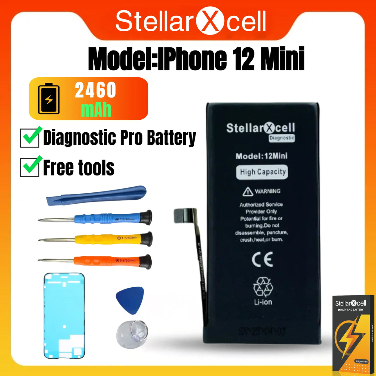StellarXcell Diagnostic Battery No Unknown Parts No Pop Up Message for iPhone 12mini 13Pro Max 14Plus 15Pro Max With Free Tools