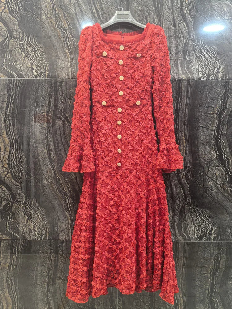 QMQA Fashion Women's Elegant Dresses Three-dimensional Floral Square Collar Long Sleeved Princess Style Dress Autumn New 1A232
