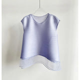 Miyake Light Purple Pleated Women's T-shirt Double Layer Crew Neck Sleeveless Casual Daily Meash Patchwork Hem Tee
