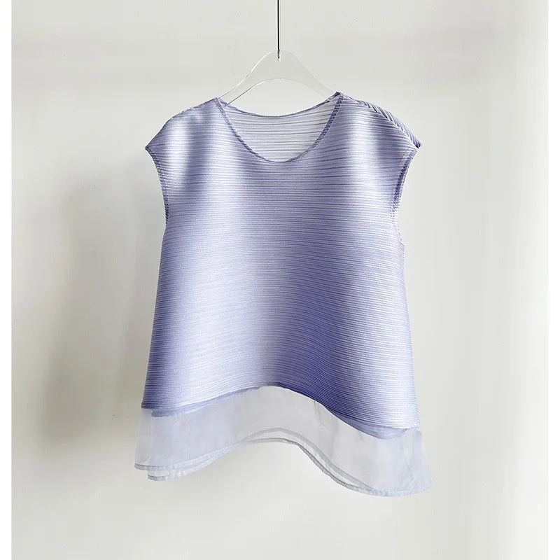 Miyake Light Purple Pleated Women's T-shirt Double Layer Crew Neck Sleeveless Casual Daily Meash Patchwork Hem Tee