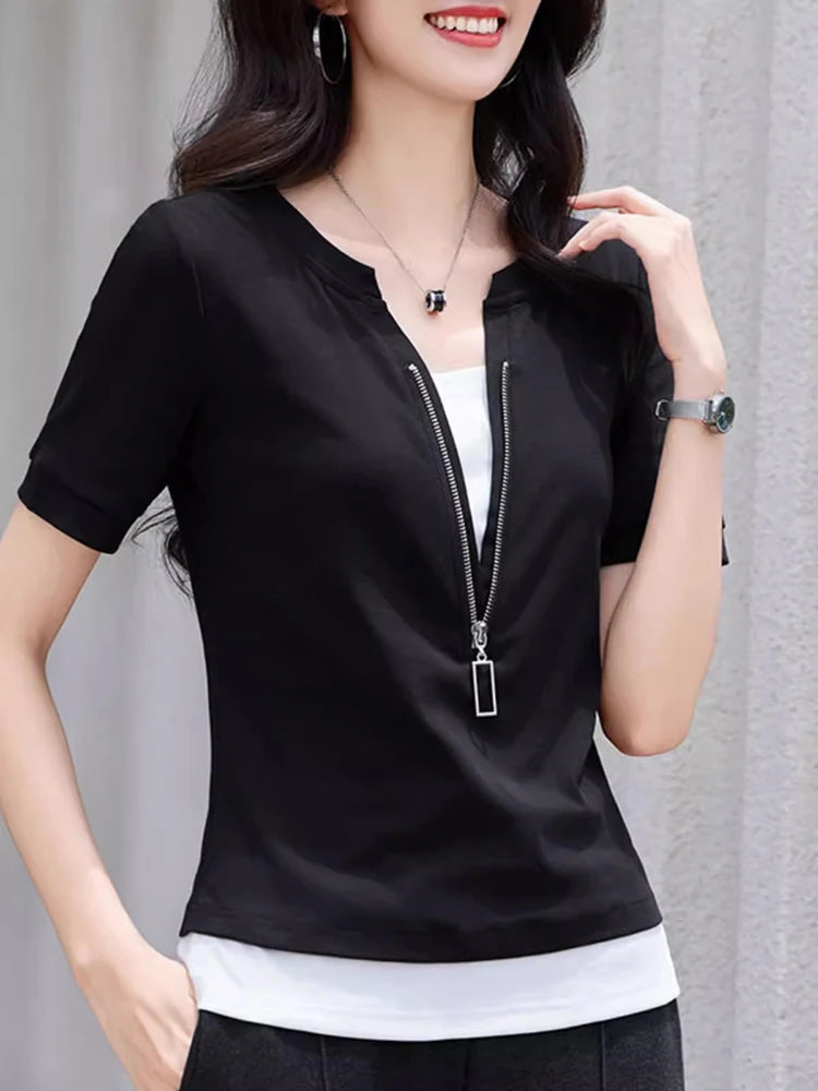 New Women Patchwork Contrast Color T-shirt Fashion Zipper V-Neck Short Sleeve Slim Tees Simplicity Casual Summer T-shirt