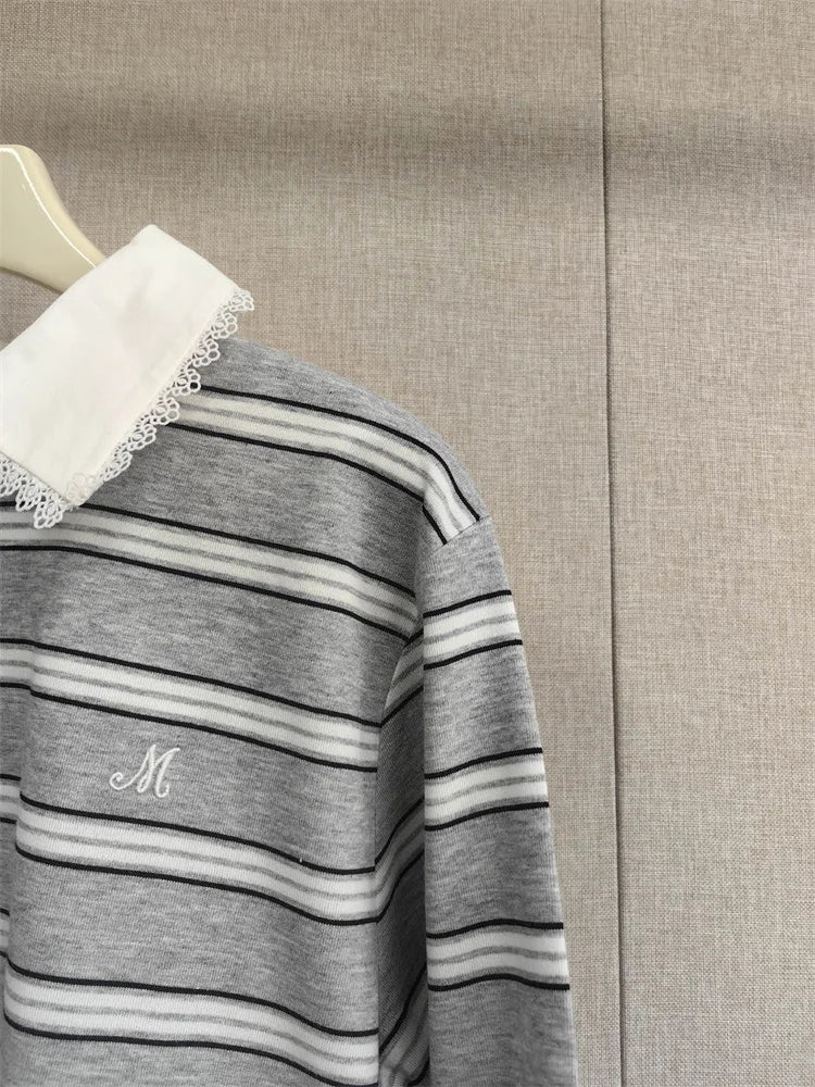 Women Striped Gold Buckle Decorative Tee Lace Turn-down Collar Early Autumn Long Sleeved T-Shirt for Lady