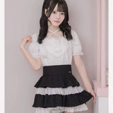 Japanese Sweet Cute Embroidered Lace Heart Bow Lace-up Halter Neck Collar Puff Sleeve Versatile Casual T-shirt Top Women Summer