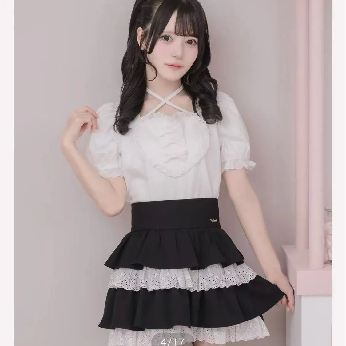 Japanese Sweet Cute Embroidered Lace Heart Bow Lace-up Halter Neck Collar Puff Sleeve Versatile Casual T-shirt Top Women Summer