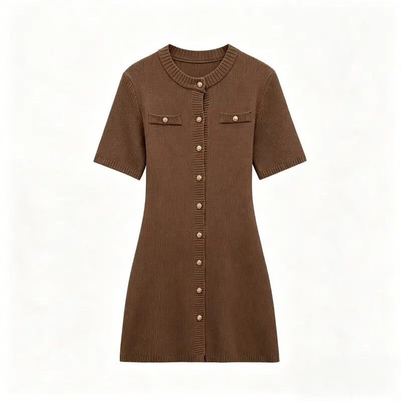 Spring 2025 Women's Slim Fit Long Black Knitted Midi Dress Fashionable Versatile Button Decorated Commute Ready City Style