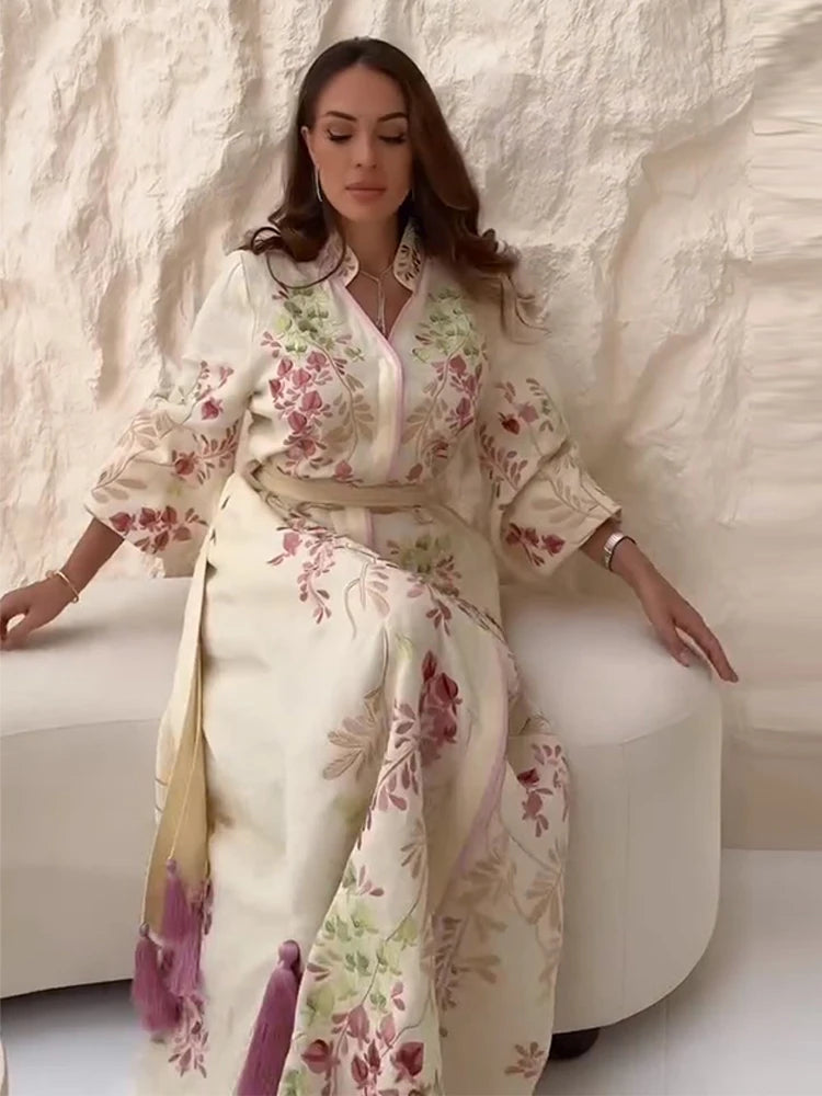 Retro Floral Print Women's Long Dress With Tassel Belt Stand Collar Long Sleeve Muslim Kaftan Dresses 2026 Spring New Lady Robes