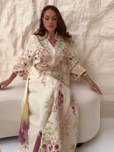 Retro Floral Print Women's Long Dress With Tassel Belt Stand Collar Long Sleeve Muslim Kaftan Dresses 2026 Spring New Lady Robes