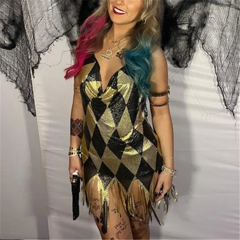 Women Diamond Argyle Sequin Slip Dress Spaghetti Strap V Neck Tassel Fringe Hem Bodycon Mini Dress Party Club Costume Dress