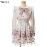 Japanese Kawaii Lolita Rhinestone Bow Dress Set Women Sweet Cartoon Print Lace Pearl Shirt Dress Gothic Y2k Tea Party Dresses