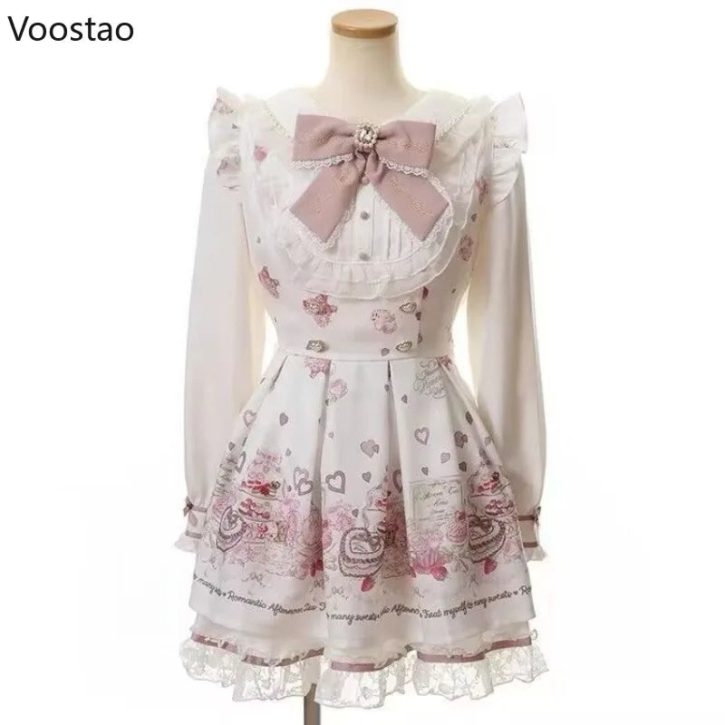 Japanese Kawaii Lolita Rhinestone Bow Dress Set Women Sweet Cartoon Print Lace Pearl Shirt Dress Gothic Y2k Tea Party Dresses