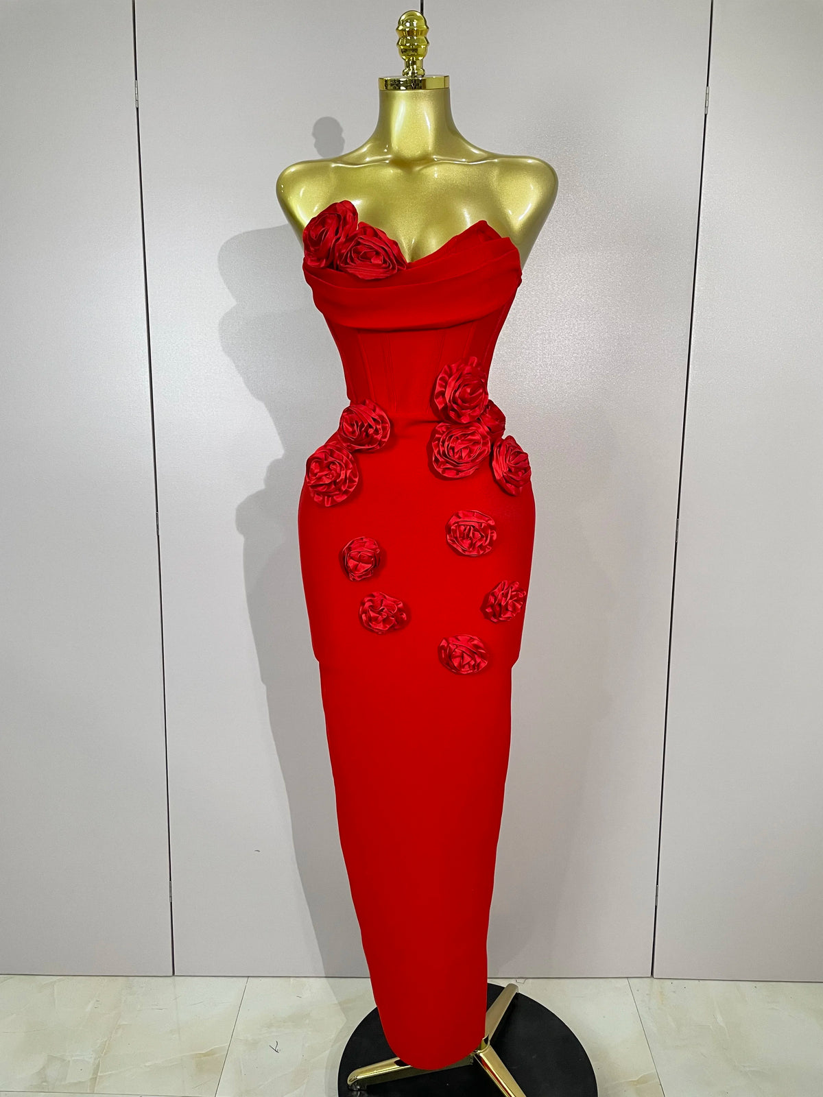 Newest Sexy Strapless Backless Red Flower Long Bandage Dress Women Celebirty Elegant Prom Evening Club Party Birthday Dresses