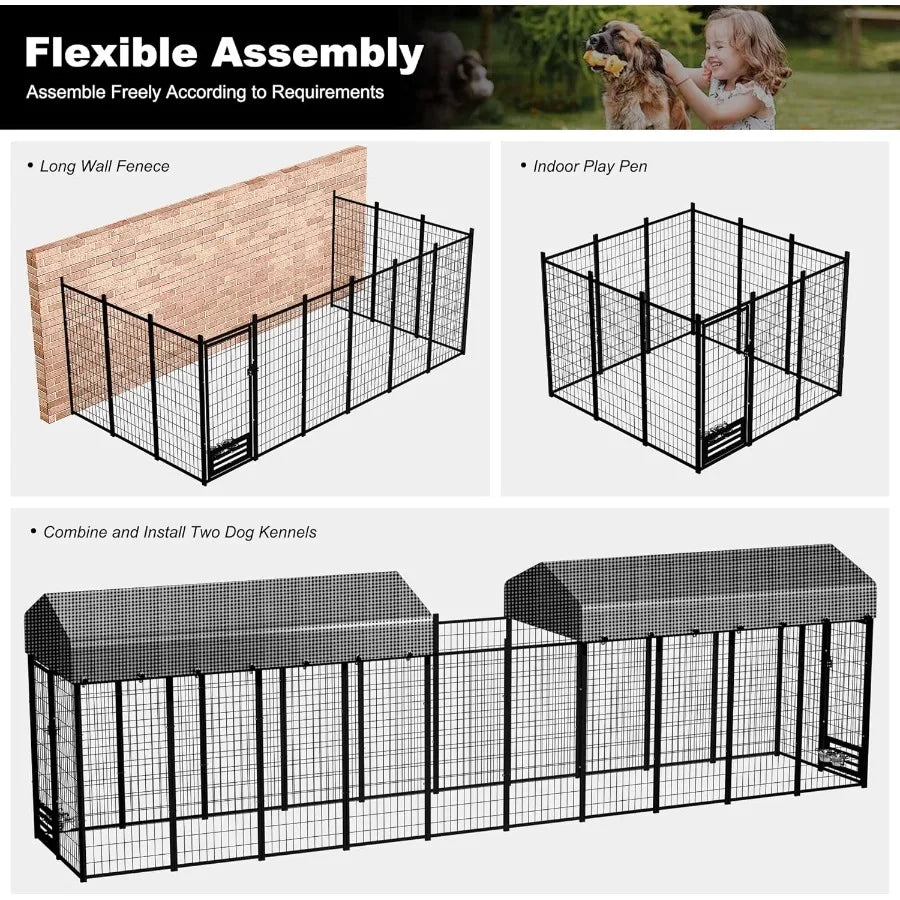 Large Dog Kennel Outside with Roof Heavy-Duty Indoor Outdoor Run Dog Enclosure with Removable Cover Dog Pens Outside