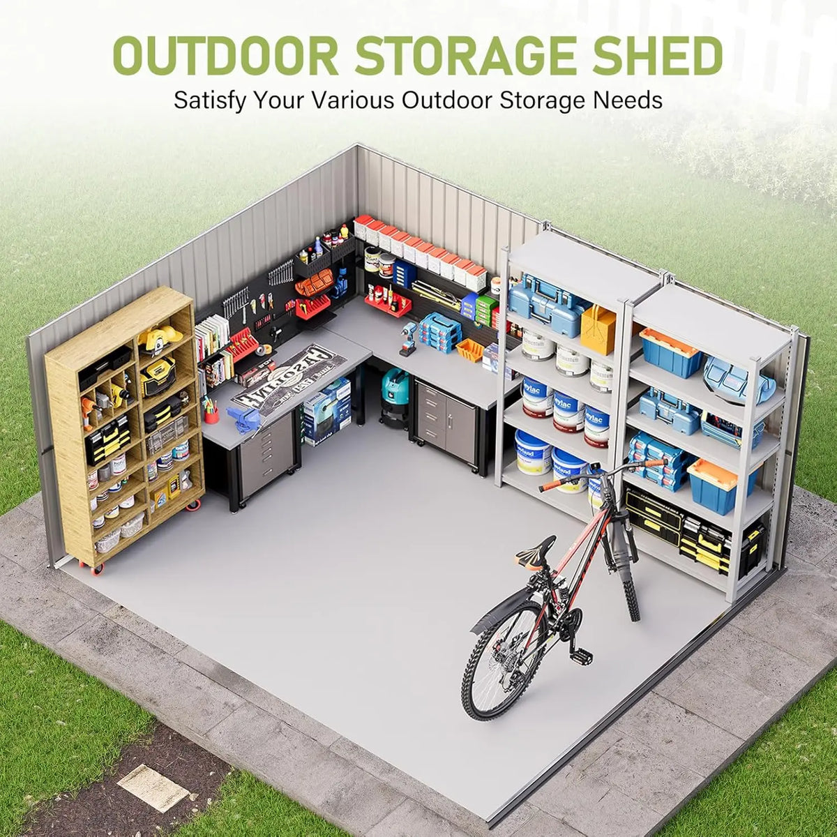 10 x 12FT Outdoor Storage Shed with a Lockable Hinged Door and 2 Windows, Patio, Dark Grey/White