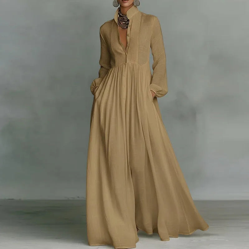 Spring Elegant Pocket Maxi Shirt Dress Women Long Sleeve Button-Down Flowy A-Line Dress Summer Beach Vacation Boho Party Dresses