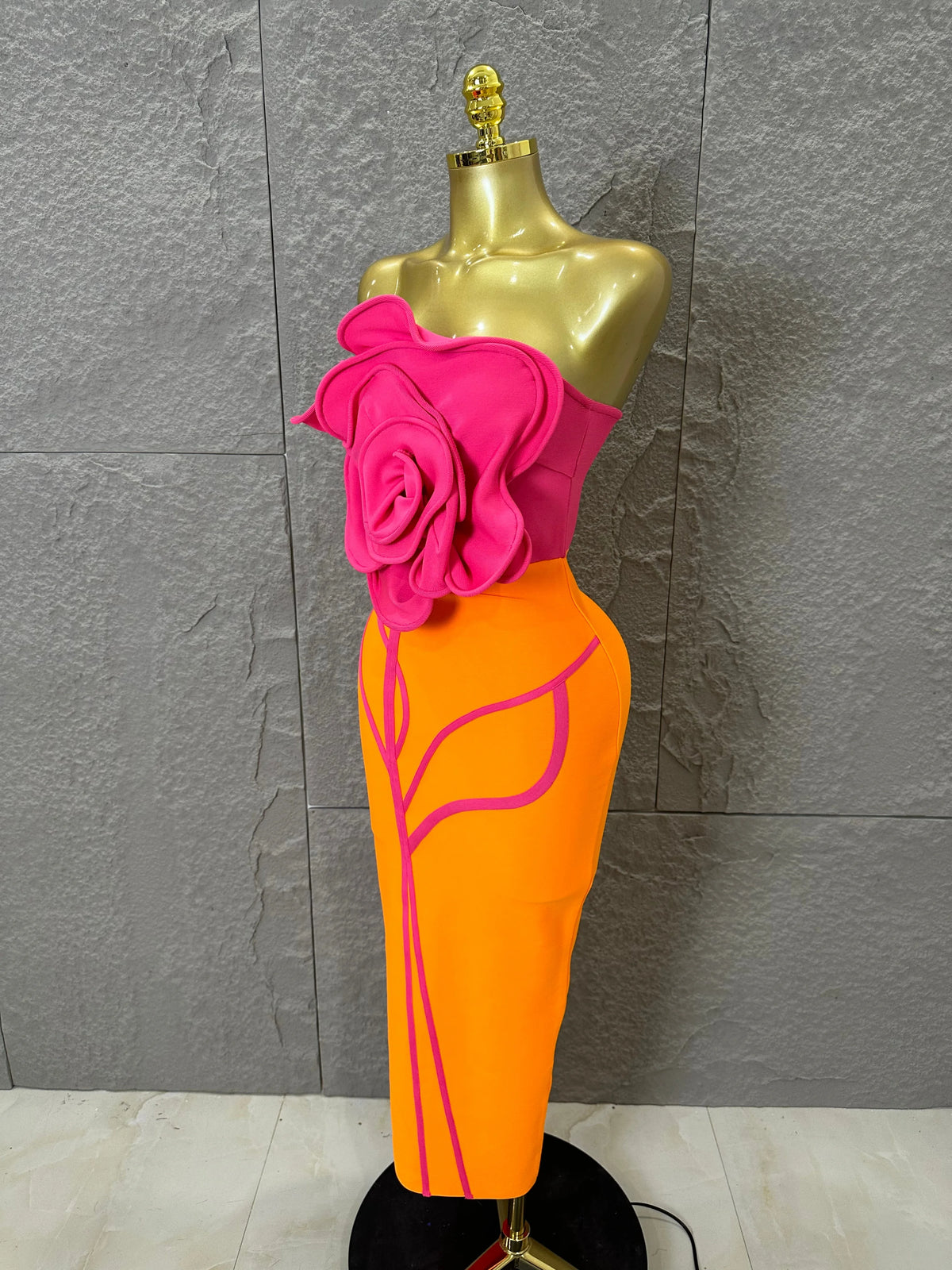 Elegant Orange Pink Strapless Bodycon Midi Dress Women Sexy 3D Floral Applique Outfit Date Night Party Costume