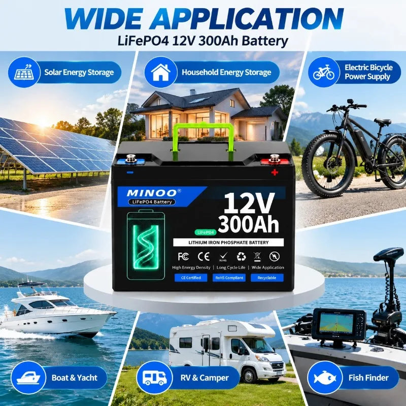 12V 300Ah 21700 LiFePO4 Battery Built-in Smart BMS,8000+ Cycles, Suitable for Solar Panels, Camper Vans, Marine Crafts