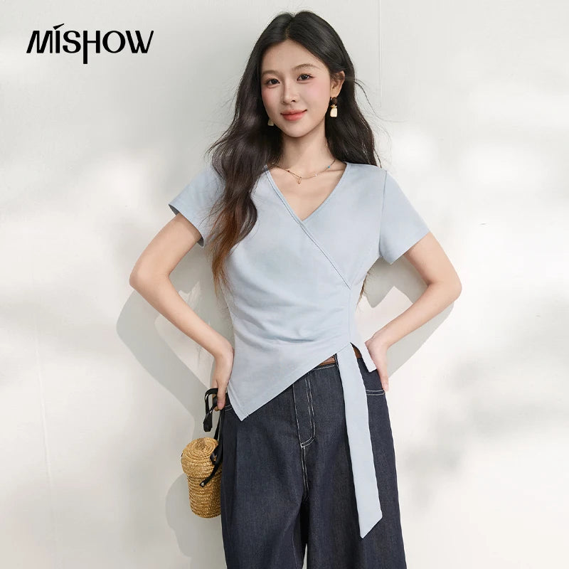 MISHOW Women's Solid V Neck T-Shirt Summer Irregular Hem Ribbon Design Waist Tee Slim Short Sleeve Elegant Casual Top MXF20T1753