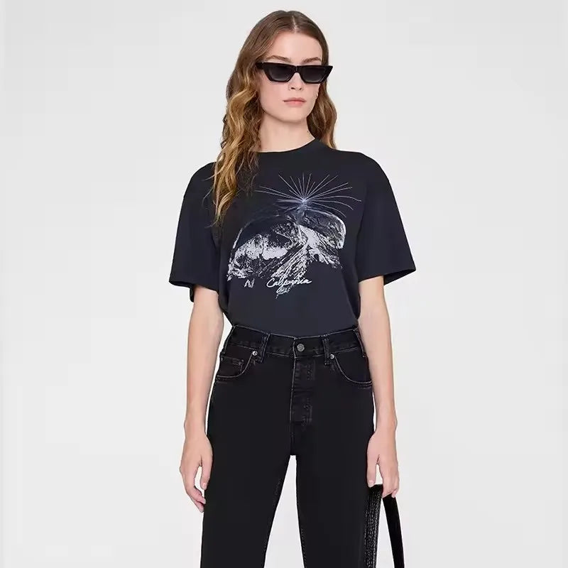 26 Early Spring New North America Style Landscape Letter Print Crew Neck Cotton Short Sleeve T-Shirt For Women