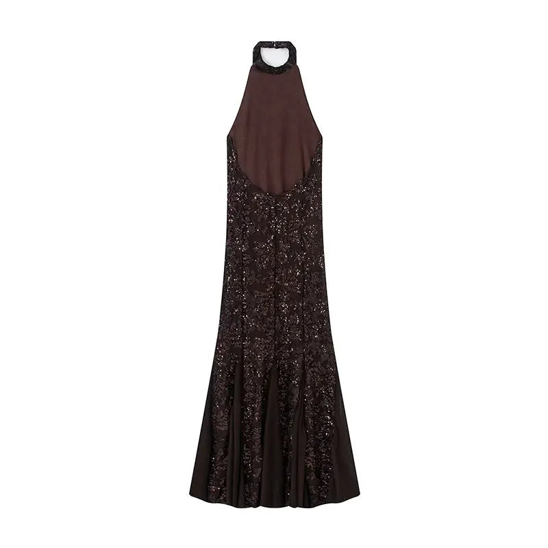 Nlzgmsj 2026 Spring Sexy sequin decoration Long Dresses for Women Backless Hanging neck collar Dress Elegant Evening Party Dress
