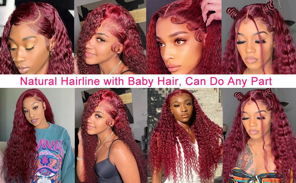 30 40 Inch Burgundy 99j Deep Wave Frontal Wig Colored Curly Human Hair