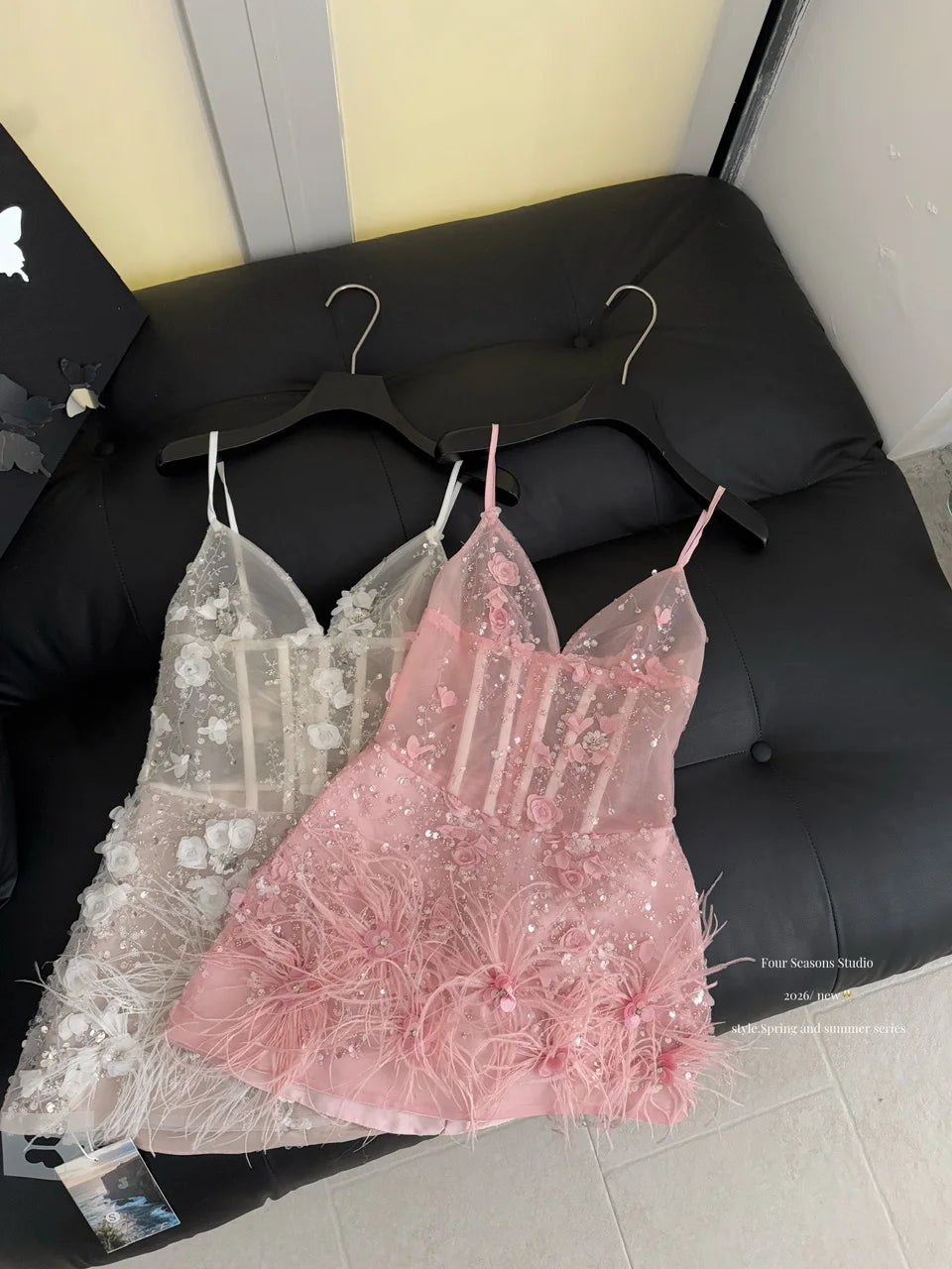 Women's Spring Summer Elegant Strap Feather Patchwork Sequined Mini Dress Lady Holiday Party Sexy Fishbone Waist Mini Dress