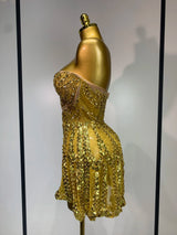 Luxury Gold Sparkly Sequins Diamonds Mini Dress Birthday Dress Women Sexy Performance Costume Singer Stage Nightclub Outfit