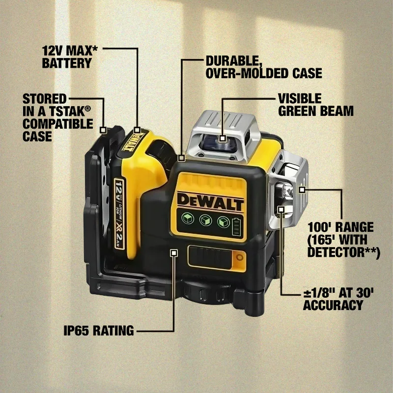 DEWALT DW089LG Laser Level 12-Line 3-Sides 360-Degree Vertical Horizontal Line Laser Tool Battery-Powered 12V