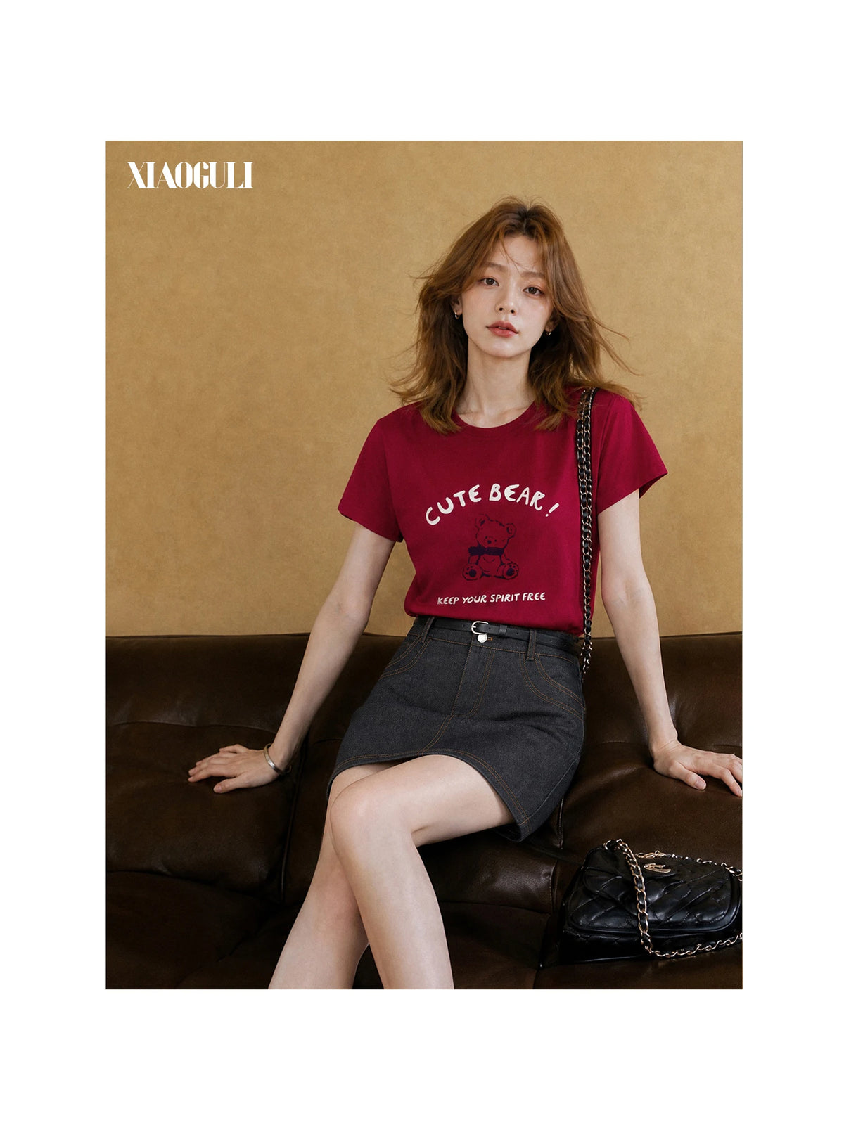 XIAOGULI Cute Bear Funny Cotton T-shirt Women Top Red Short Sleeve Summer Casual Versatile Basic Tee Ladies Daily Wear Tops